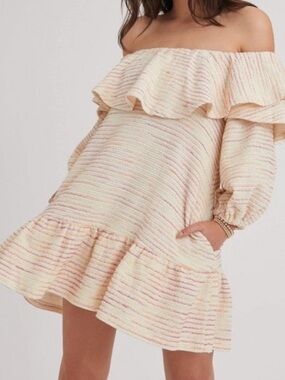 Something Navy Off-the-Shoulder Ruffle Mini Dress in Cream with Pastel Stripes